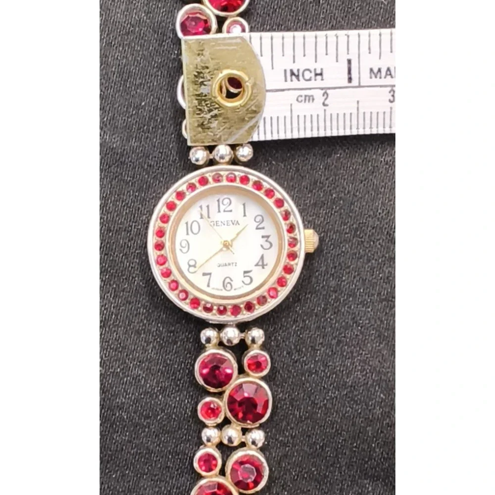 Vintage Geneva Watch Women's Round Silver Tone Red Crystals Inset MOP #W5156